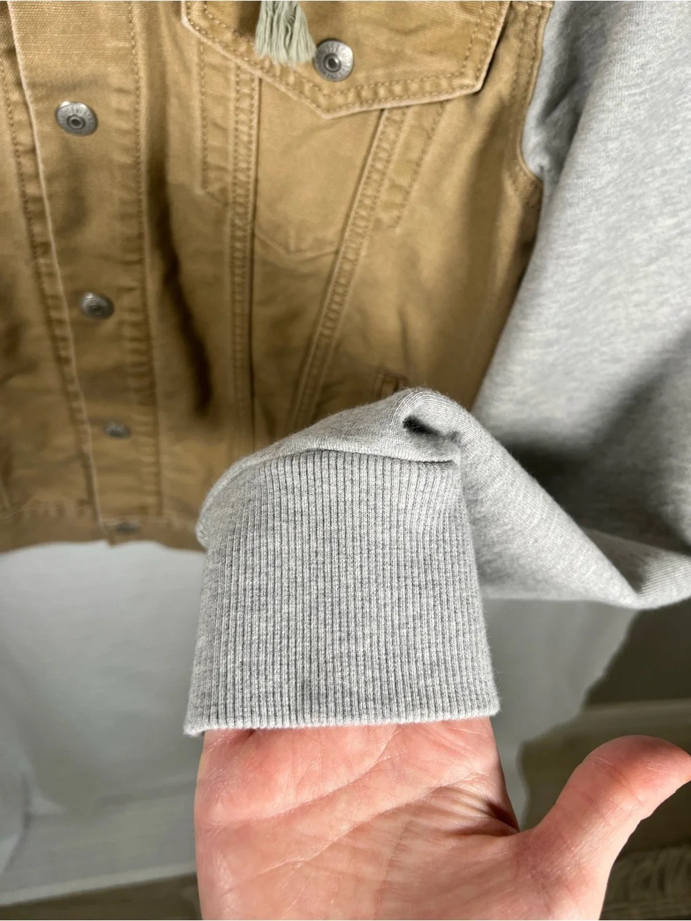 Levi's Tan hybrid hoodie Trucker Jacket with Gray Hooded Sleeves tigers eye